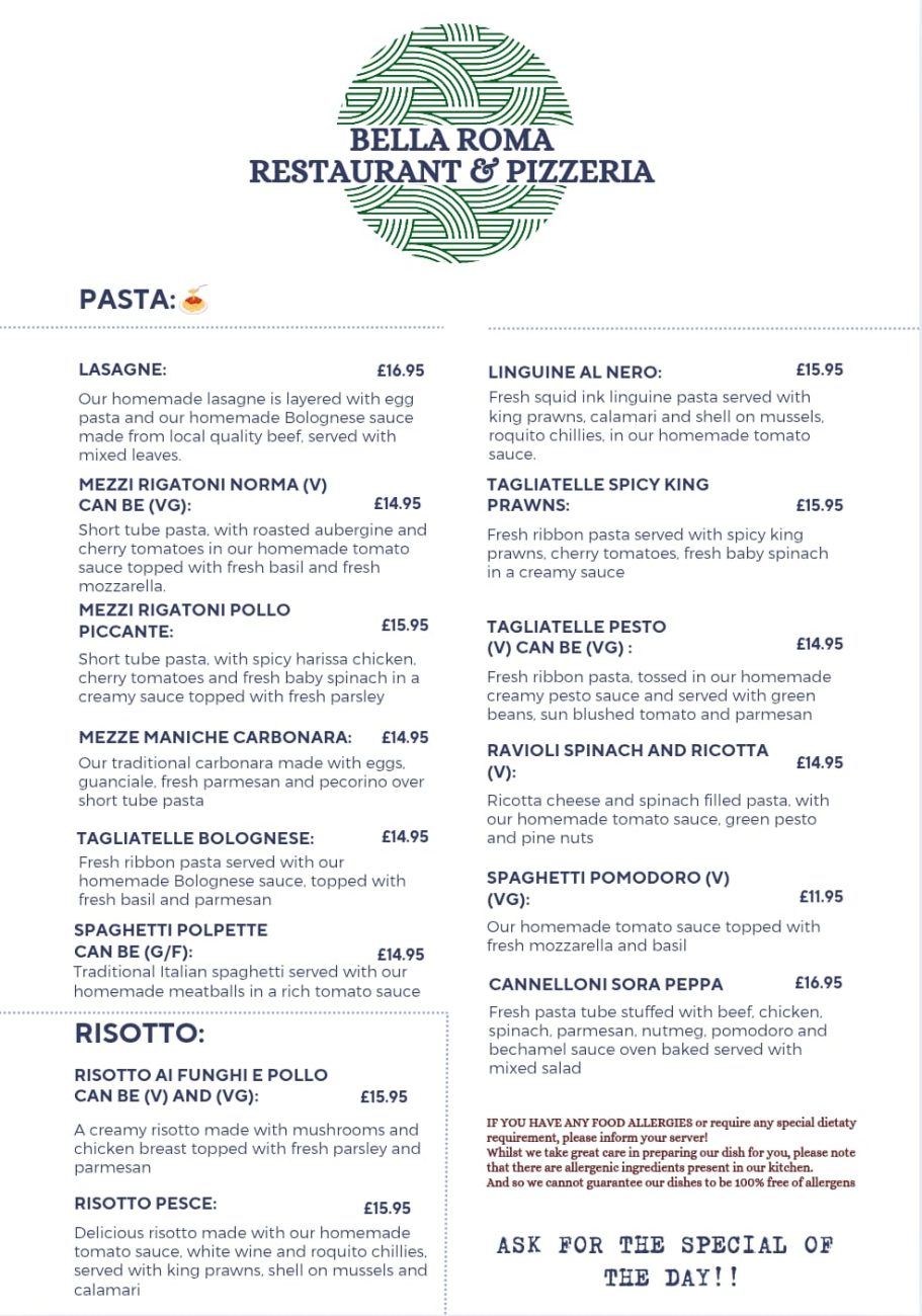 Menu of Bella Roma Restaurant with sections for pasta and pizza dishes.